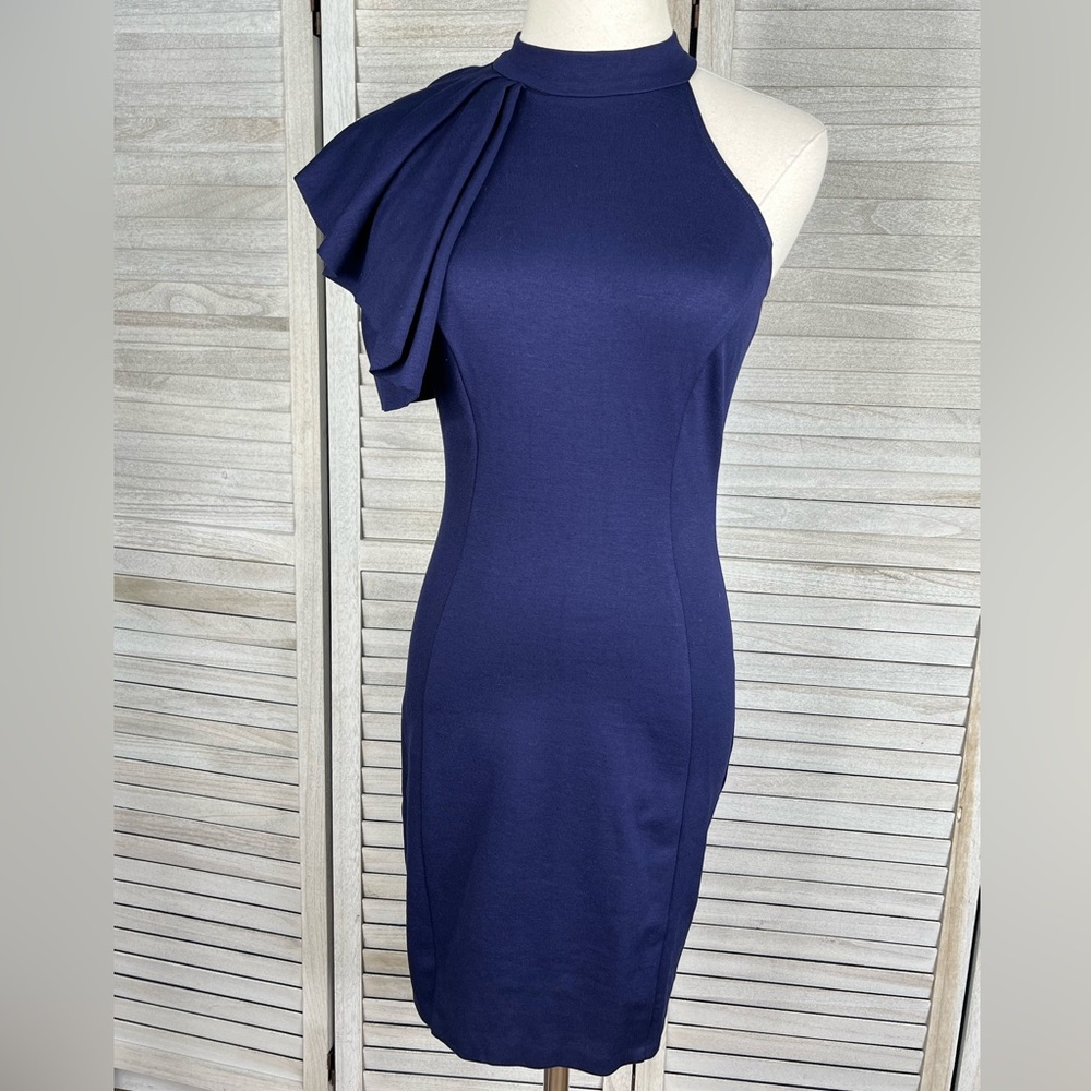 NECESSARY OBJECTS (Ady Gluck Frankel) Bodycon One Shoulder Midi Dress Navy-XS